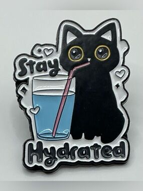 ENAMEL LAPEL PIN CAT DRINKING STAY HYDRATED